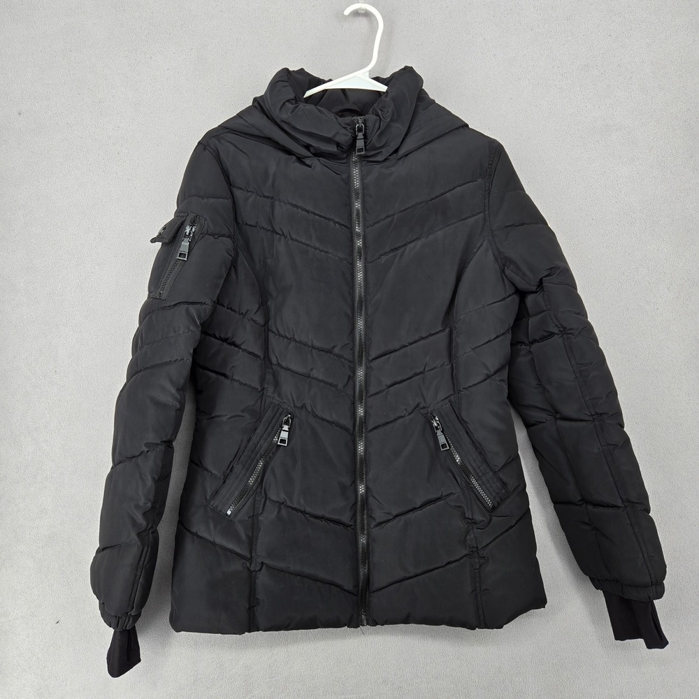 Madden NYC Women Small Black Hooded Puffer Jacket Chevron Quilted Streetwear